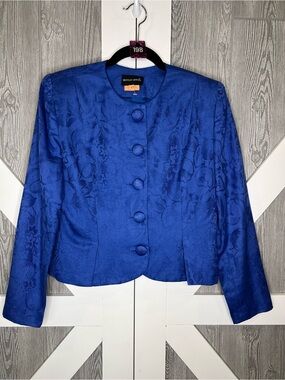 198. Vintage Royal Blue Floral Jacquard Women's Jacket 6